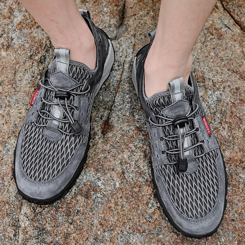 Elevate Your Outdoor Adventure with Men’s Breathable Leather Mesh Non-Slip Hiking Casual Shoes